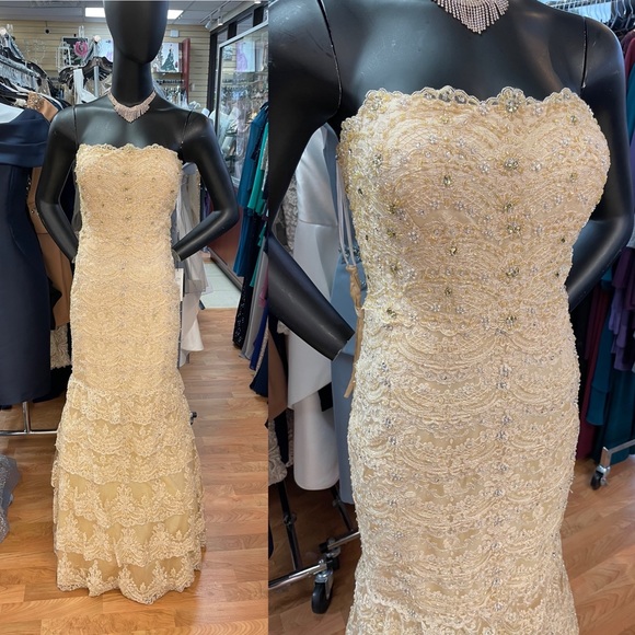 Terani Couture Dresses & Skirts - Strapless long lace champagne color dress by Terani Couture size 12 nwt